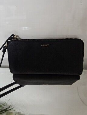 DKNY Black Leather Zip Wristlet Wallet